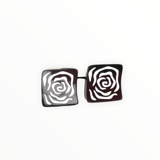 Earrings Studs Black with White Rose Patterns