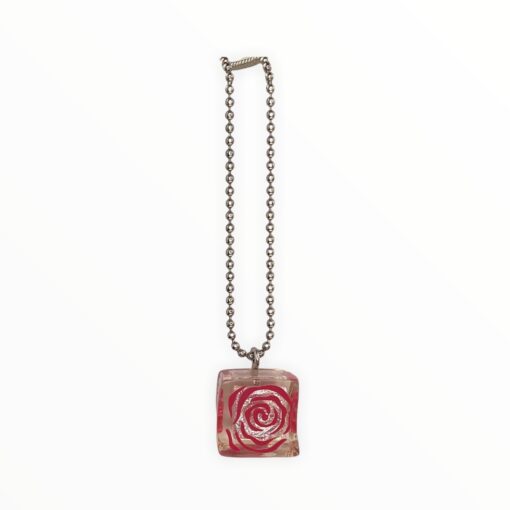 Metal Beaded Chain Necklace with Silver and Pink Rose Pattern Pendant