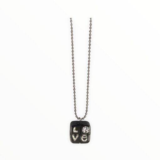 Metal Beaded Chain Necklace Love -  Black with Silver Letters and Swarovski Crystals Pendant