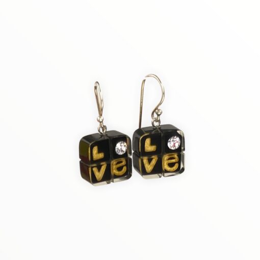 Earrings Black with Gold Letters and Swarovski Crystals