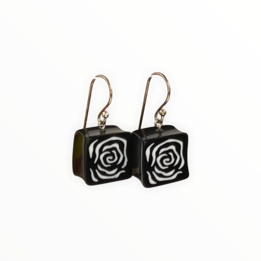 Earrings Black with White Rose Patterns